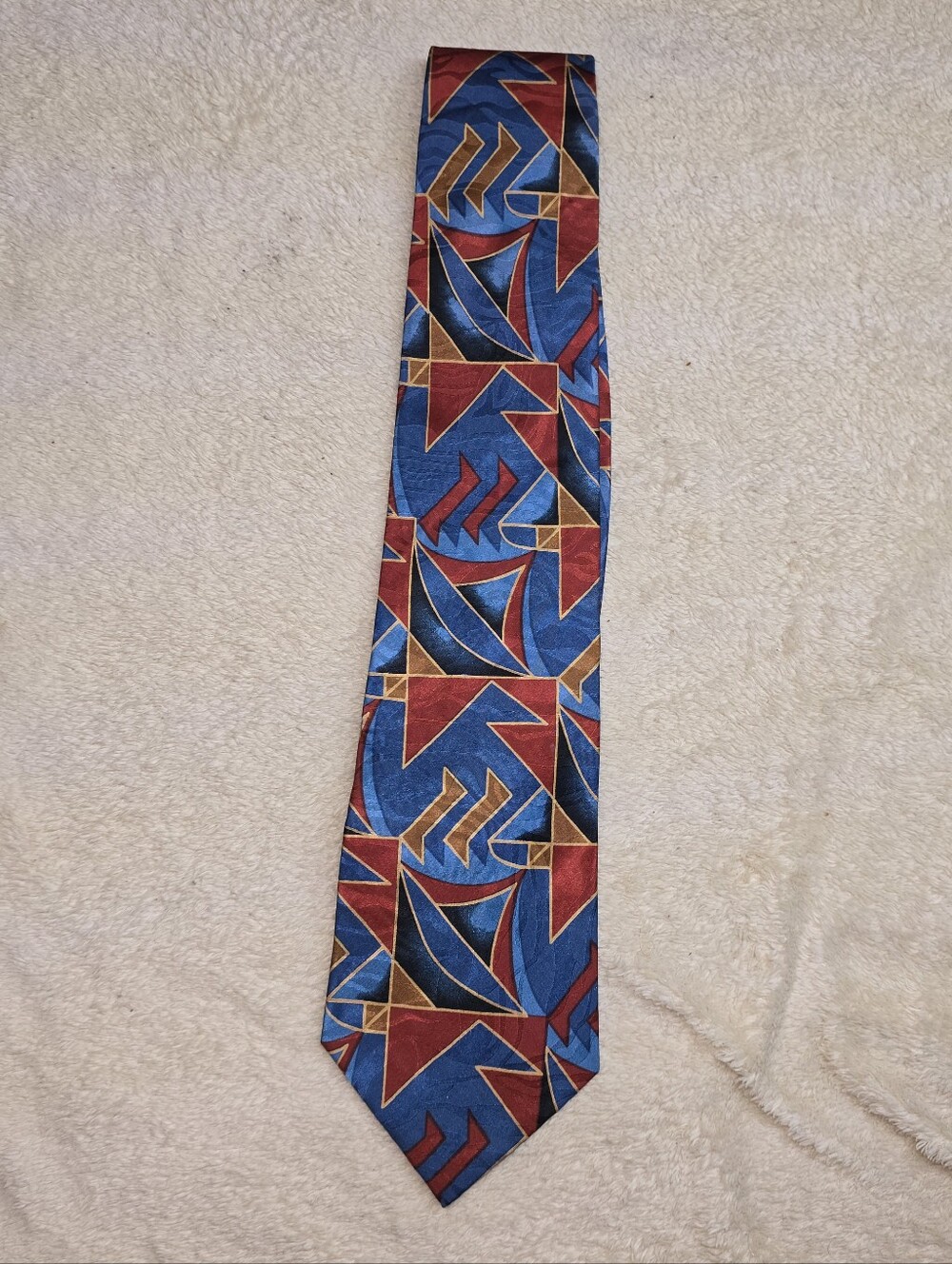Vintage Men's Tie Enamels 100% Silk Abstract Geometric Shapes Red/Blue Multicolo